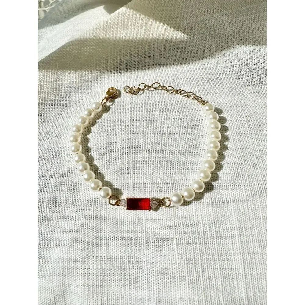 Faux Pearl & Ruby Cubic Zirconia Tennis Bracelet 8” Gold Tone